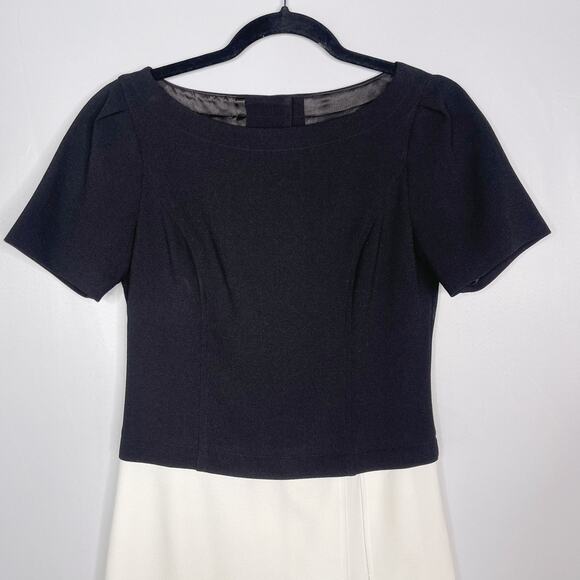 White House Black Market 0 Black Cream Colorblock Button Back Dress Short Sleeve - Picture 3 of 10